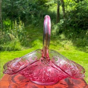 Vintage Fenton Rose Pink Cranberry Glass Large Basket Bowl